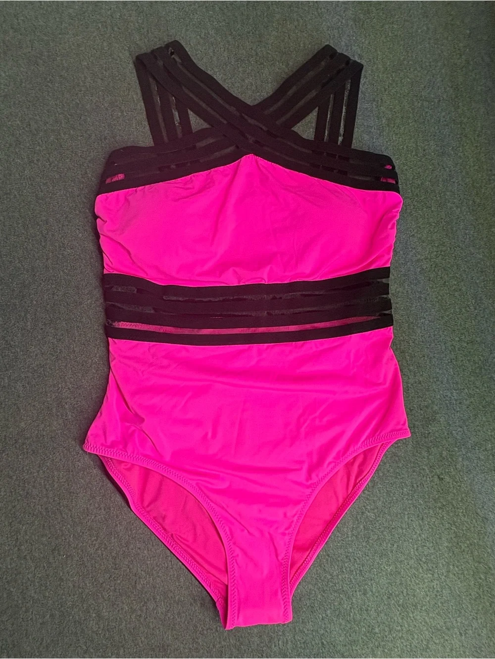 🆕Women’s Tempt Me Neon Pink & Black One Piece Crossover Swimsuit Size Large